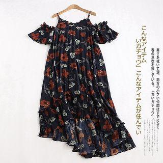 Short-sleeve Cold Shoulder Asymmetric Floral Midi Dress Beige - One Size