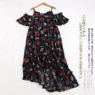 Short-sleeve Cold Shoulder Asymmetric Floral Midi Dress Beige - One Size