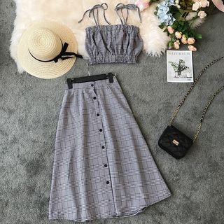 Set: Plaid Cropped Camisole + Plaid Midi A-line Skirt