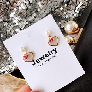 Faux Pearl Heart Dangle Earring 1 Pair - 925 Silver - One Size