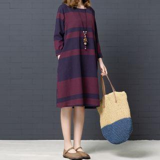 Striped Long-sleeve A-line Linen Dress