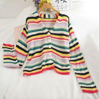 Stripe Long-sleeve Cardigan As Shown In Figure - One Size