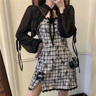 Spaghetti-strap Plaid Mini A-line Dress / Long-sleeve Cropped Jacket
