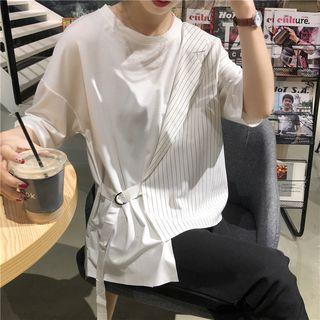 Short Sleeve Striped Panel Asymmetric Top