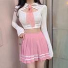 Set: Long-sleeve Collared Cutout Crop Top + Pleated A-line Skirt