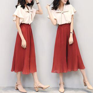 Set: Tie-neck Short-sleeve Top + Pleated Wide Leg Cropped Pants