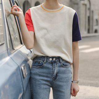 Color Panel Short-sleeve Knit Top As Shown In Figure - One Size