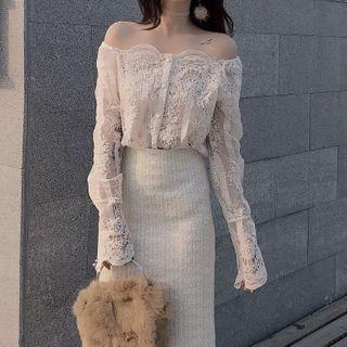 Long-sleeve Off-shoulder Lace Blouse