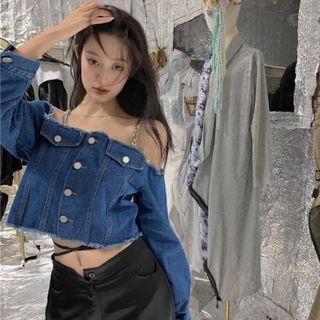 Chain Strap Cold-shoulder Denim Top