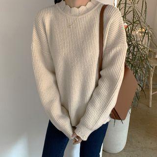 Scallop-edge Rib-knit Top Light Beige - One Size