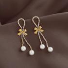 Bow Faux Pearl Rhinestone Fringed Earring 1 Pair - Gold Bow & White Faux Pearl - Gold - One Size