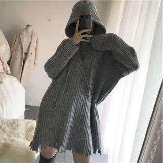 Frayed Knit Mini Hoodie Dress
