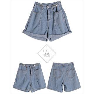 Adjustable-waist Denim Shorts Blue - One Size