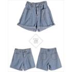 Adjustable-waist Denim Shorts Blue - One Size