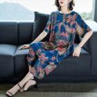 Set: Elbow-sleeve Floral Top + Wide-leg Pants