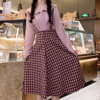 Frill Trim Blouse / Plaid Midi Suspender Skirt