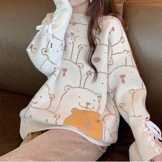 Lace-up Cuff Cartoon Bear Round Neck Sweater