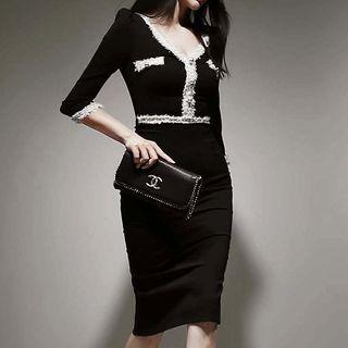 Elbow-sleeve Fringed Trim Sheath Dress