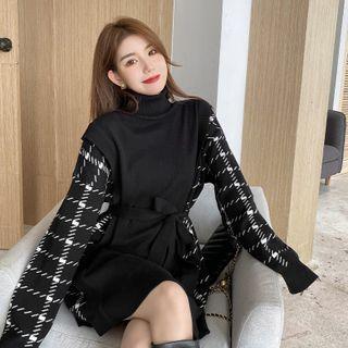 Long-sleeve Mock-neck Sashed Knit Mini Dress