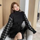 Long-sleeve Mock-neck Sashed Knit Mini Dress