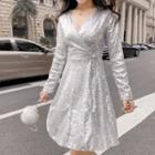 Deep V-neck Sequined Long-sleeve A-line Dress