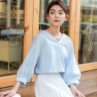 3/4-sleeve V-neck Blouse Sky Blue - One Size