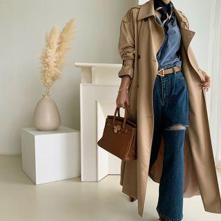 Drape-front Long Trench Coat