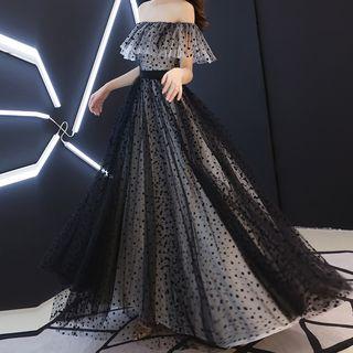 Short-sleeve Off Shoulder Dotted A-line Evening Gown