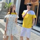Couple Matching Short-sleeve Color Block T-shirt / Cold Shoulder Ruffled Patterned A-line Mini Dress / Shorts