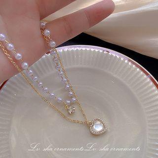 Heart Pendant Faux Pearl Layered Necklace X900 - Gold - One Size