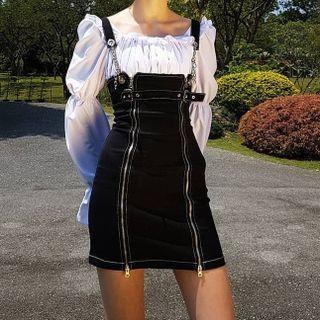 Zip-up Denim Mini Sheath Overall Dress / Bell-sleeve Blouse