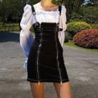 Zip-up Denim Mini Sheath Overall Dress / Bell-sleeve Blouse