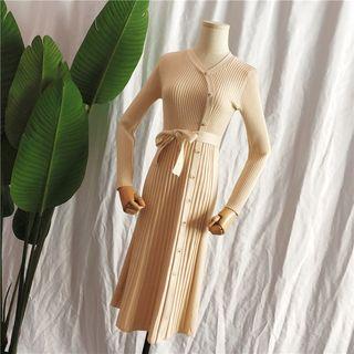 Buttoned A-line Midi Rib Knit Dress Almond - One Size