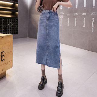 Side-slit Frayed Denim Midi A-line Skirt
