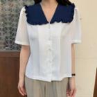 Short-sleeve Contrast Collar Blouse White - One Size