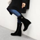 Frill Trim Faux Suede Hidden Wedge Mid-calf Boots