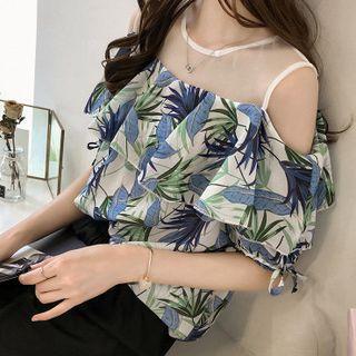 Leaf Print Cold-shoulder Ruffle Top