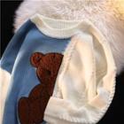 Bear Embroidered Two-tone Sweater Blue - One Size