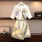 Set: Printed Elbow-sleeve Shirt + Mini A-line Skirt