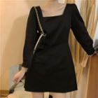 Long-sleeve Square Neck Shirred Dress