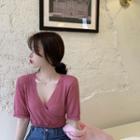 V-neck Short-sleeve Knit Top Rose Pink - One Size