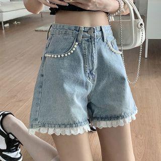 High-waist Faux Pearl Panel Lace Trim Denim Shorts