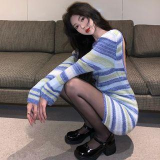 Long-sleeve Striped Slim-fit Knit Dress Blue - One Size