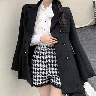 Tie-neck Blouse / Houndstooth Shorts / Blazer