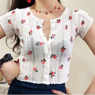 Rose Printed Perforated Short-sleeve Slim-fit Top White - One Size