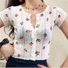 Rose Printed Perforated Short-sleeve Slim-fit Top White - One Size