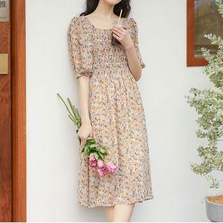 Puff-sleeve Square-neck Floral Midi Dress Floral - One Size