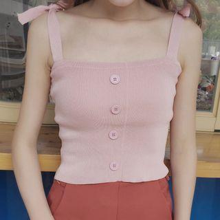Buttoned Tie Strap Knit Camisole Top