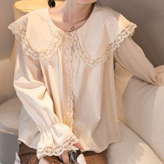 Long-sleeve Peter Pan Collar Lace Trim Plain Blouse