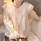 Long-sleeve Peter Pan Collar Lace Trim Plain Blouse